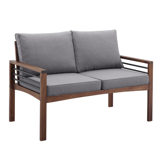 Walker Edison Outdoor Dark Brown Acacia Frame Loveseat with Grey Cushions