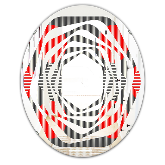 Designart Red 31.5-in L x 23.7-in W Oval Modern Circle and Line Geometric Pattern Polished Wall Mirror