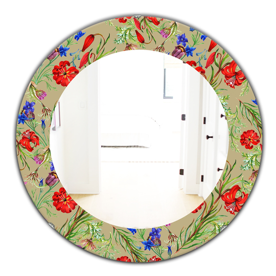 Designart Canada 24-in L x 24-in W Round Red Purple and Little Blue Blossoming Flowers Polished Wall Mirror