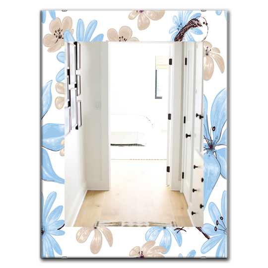 Designart Canada 35.4-in L x 23.6-in W Rectangle Drawing of Blue Flowers with Little Bird Polished Wall Mirror