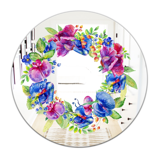 Designart Wreath Flower Round 24-in L x 24-in W Polished Farmhouse Blue Wall Mounted Mirror