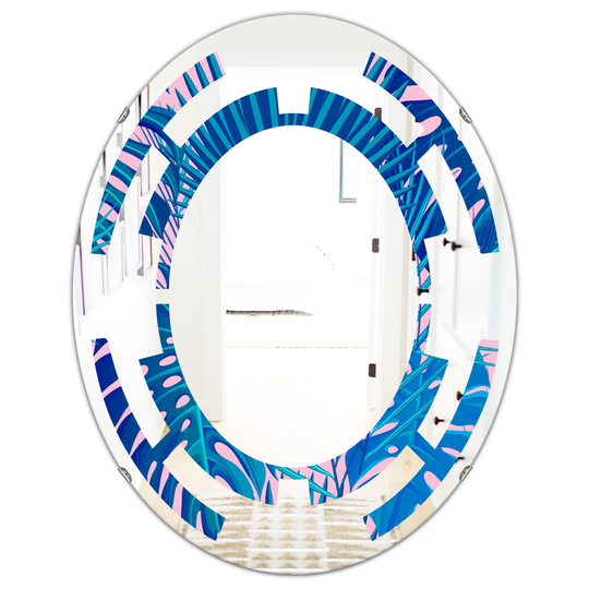 Designart 31.5-in L x 23.7-in W Oval Blue Retro Floral Pattern X Modern Polished Wall Mirror