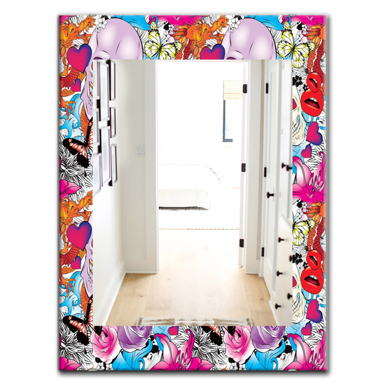 Designart 35.4-in x 23.6-in Pink Pattern with Hearts/Skulls and Flowers Mirror