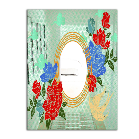 Designart Chinese Style with Peony Rectangular 35.4-in L x 23.6-in W Polished Mid-Century Red Wall Mounted Mirror