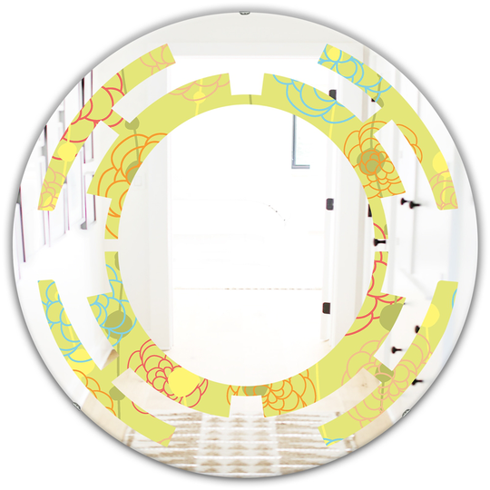 Designart Retro Handdrawn Flowers Round 24-in L x 24-in W Polished Modern Yellow Wall Mounted Mirror