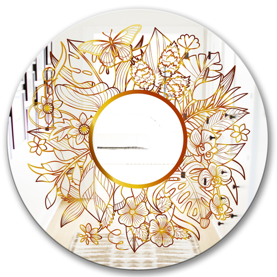 Designart Tropical Gold Composition 3 Round 24-in L x 24-in W Polished Glam Wall Mounted Mirror