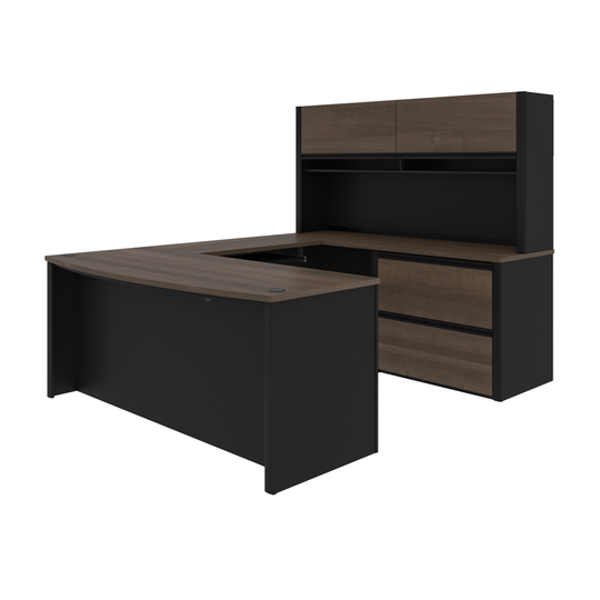 Bestar Connexion 72-in U-Desk with Lateral file cabinet and Hutch - Antigua and Black