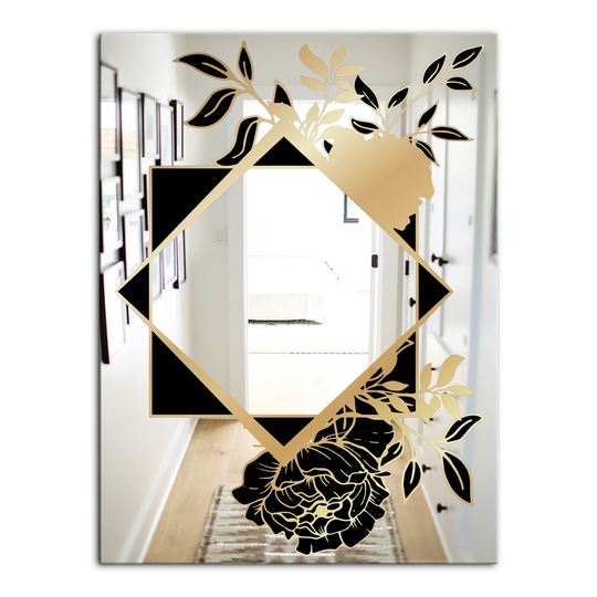 Designart Gold Botanical Obsidian 4 Rectangular 35.4-in L x 23.6-in W Polished Glam Gold Wall Mounted Mirror