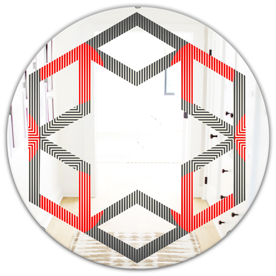 Designart Round 24-in Red Modern Circle and Line Geometric Pattern Polished Wall Mirror