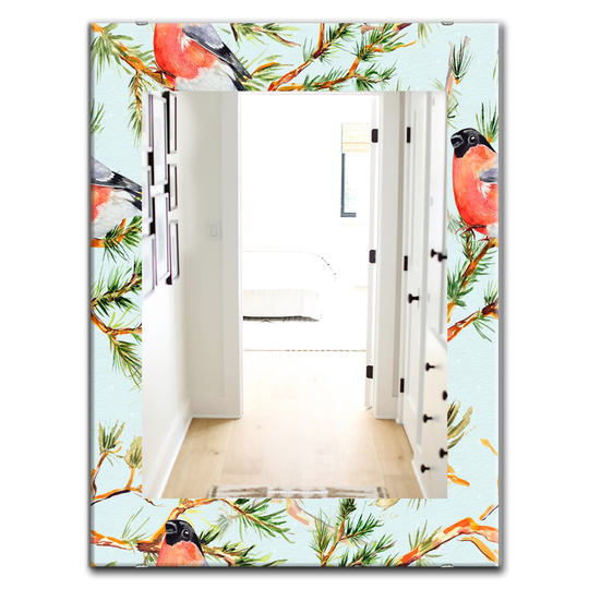 Designart Canada 35.4-in L x 23.6-in W Rectangle Little Bird with Red Chest on Pine Branch Polished Wall Mirror