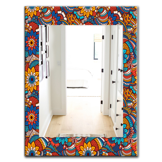 Designart 35.4-in x 23.6-in Blue Hand Drawn Pattern with Floral Elements Mirror