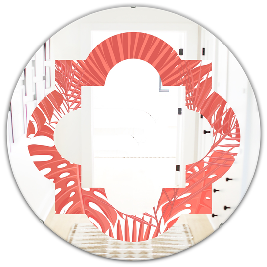 Designart Tropical Retro Foliage Coral I Modern Round Wall Mirror in Red