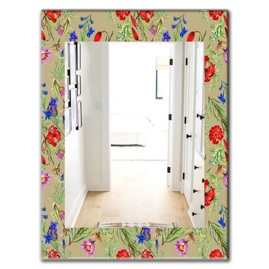 Designart Canada 35.4-in L x 23.6-in W Rectangle Red Purple and Little Blue Blossoming Flowers Polished Wall Mirror