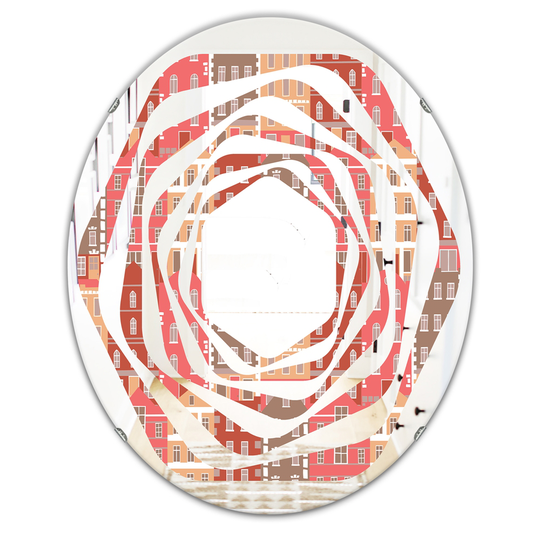 Designart Handdrawn Colourful Houses Modern Oval Wall Mirror in Pink