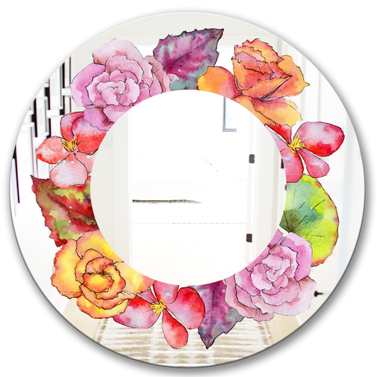 Designart Watercolour Style Wildflower Round 24-in L x 24-in W Polished Farmhouse Pink Wall Mounted Mirror