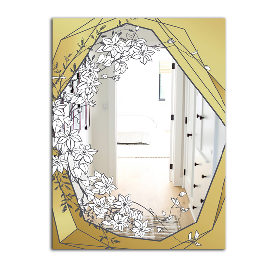 Designart Gold Botanical Blooming 7 Rectangular 35.4-in L x 23.6-in W Polished Country Gold Wall Mounted Mirror