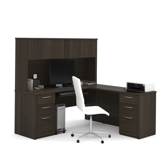 Bestar Embassy 72-in L-Shaped Desk with Hutch and 2 Pedestals - Dark Chocolate