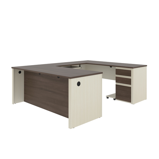 Bestar Prestige + 72-in U-Desk with Pedestal - White Chocolate and Antigua