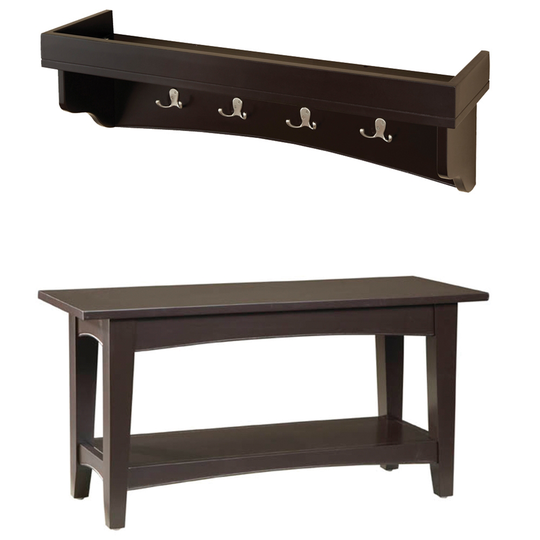 Alaterre Shaker Cottage Chocolate 4-Hook Hook Rack with Tray Shelf and Bench