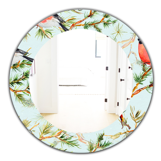 Designart Canada 24-in L x 24-in W Round Little Bird with Red Chest on Pine Branch Polished Wall Mirror