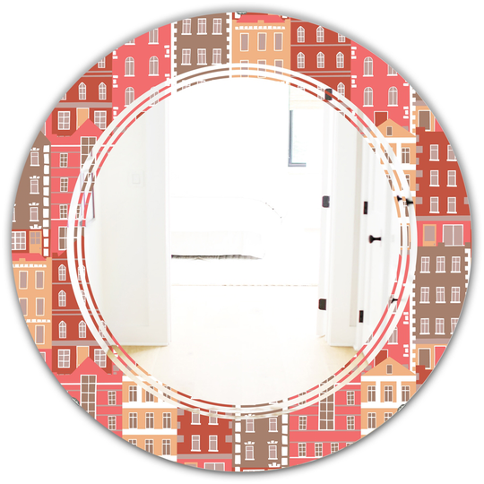 Designart 24-in x 24-in Handdrawn Colourful Houses Modern Round Wall Mirror in Pink