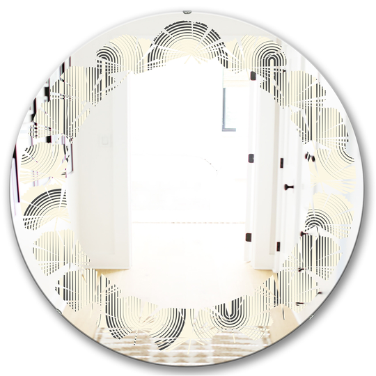 Designart 24-in Round Grey Retro Curved Minimal Geometric Ornament I Modern Polished Wall Mirror