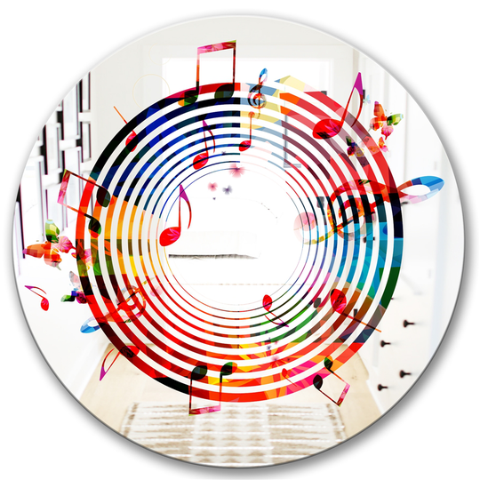 Designart Music Notes IV Round 24-in L x 24-in W Polished Modern Multicolour Wall Mounted Mirror