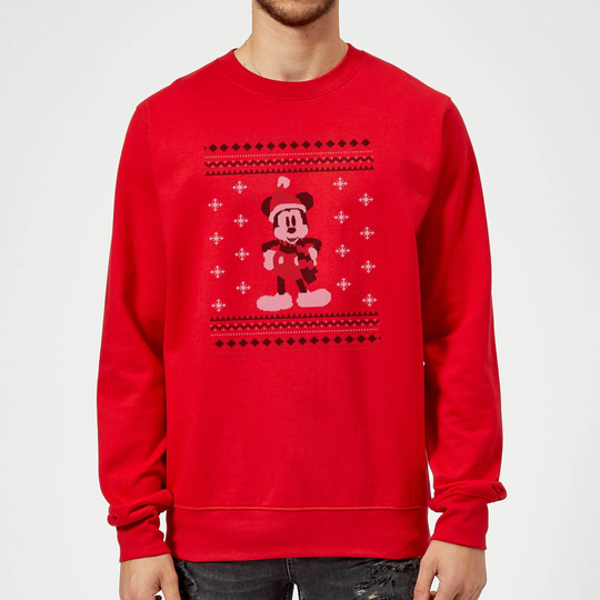 Disney Mickey Mouse Christmas Mickey Scarf Red Christmas Jumper - S