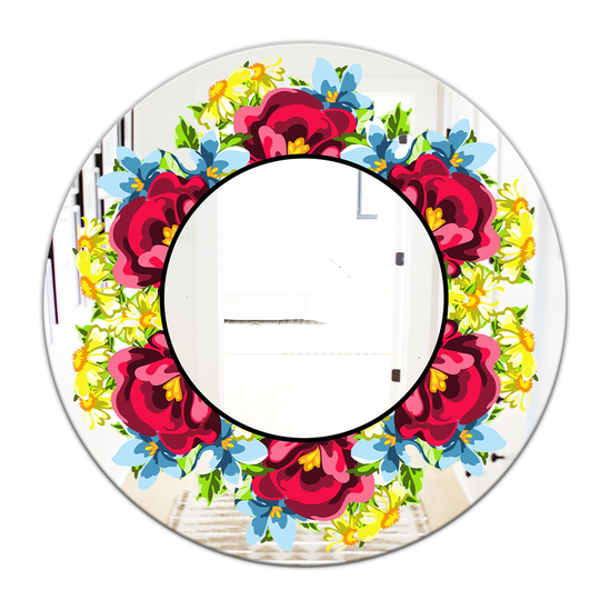 Designart Round 24-in L x 24-in W Polished Country Pink/Yellow/Blue Wall Mounted Mirror