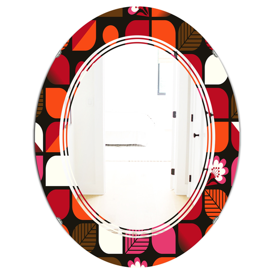 Designart 31.5-in x 23.7-in Geometric Retro Flower Design I Modern Oval Wall Mirror - Red