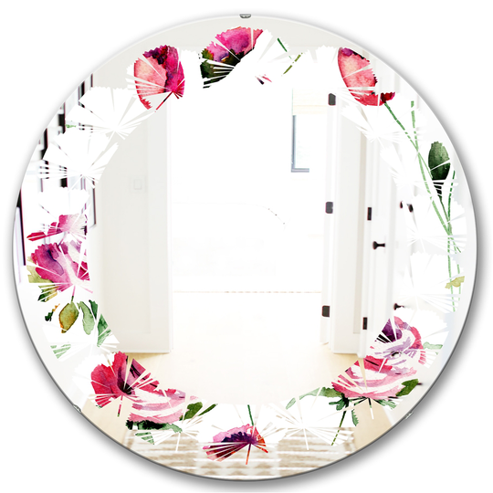 Designart 24-in x 24-in Roses Flowers Pattern Cottage Round Wall Mirror in Pink