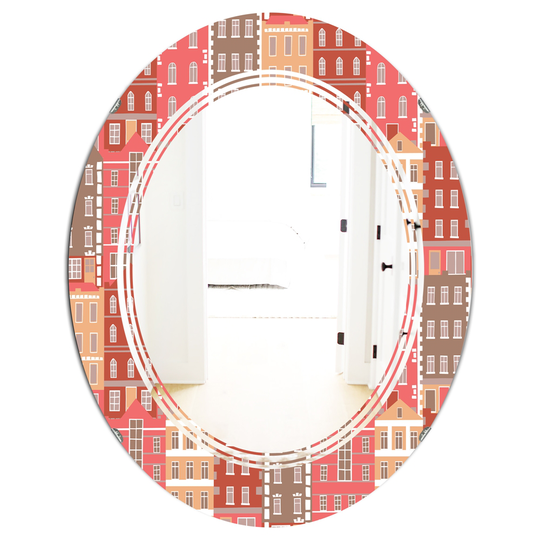 Designart 31.5-in x 23.7-in Handdrawn Colourful Houses Modern Oval Mirror in Pink