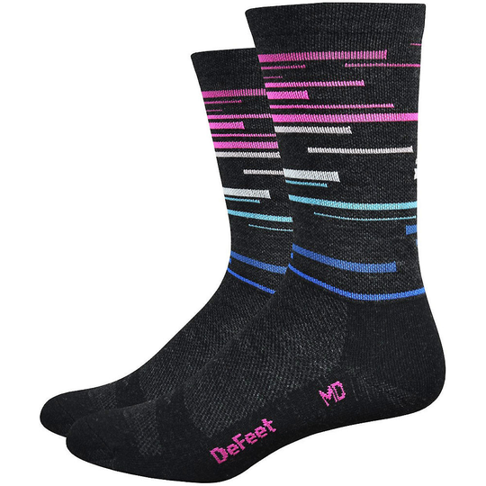 Defeet Wooleator 6" DNA Socks - L} - Charcoal-Blue-Pink