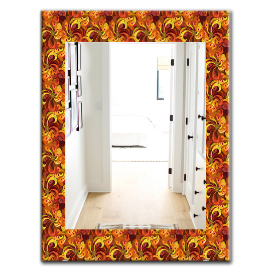 Designart 35.4-in x 23.6-in Yellow/Gold Beautiful Golden Orange and Red Peacock Feather's Mirror