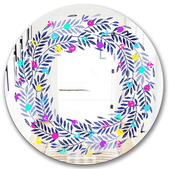 Designart Leaves Round 24-in L x 24-in W Polished Farmhouse Purple Wall Mounted Mirror