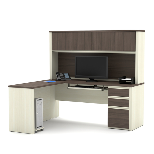 Bestar Prestige + 72-in L-Desk with Pedestal and Hutch - White Chocolate and Antigua