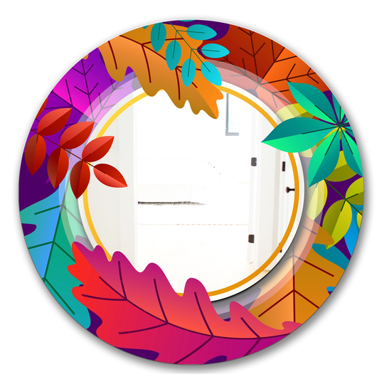 Designart Autumn with Round and Leaves Round 24-in L x 24-in W Polished Farmhouse Multicolour Wall Mounted Mirror