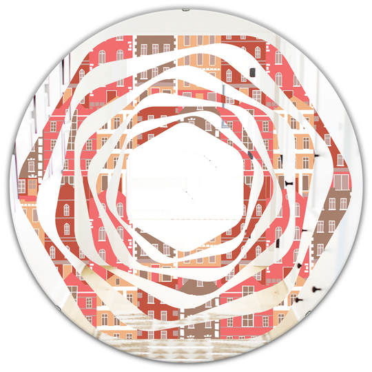 Designart Handdrawn Colourful Houses Modern Round Wall Mirror in Pink