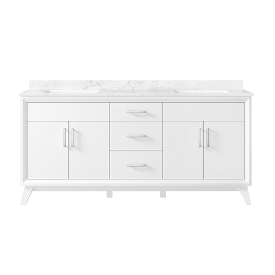 OVE Decors Dunclark 72-in White Double Sink Bathroom Vanity with White Marble Top