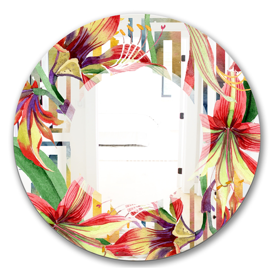 Designart Elementary Botanicals 3 Round 24-in L x 24-in W Polished Farmhouse Multicolour Wall Mounted Mirror