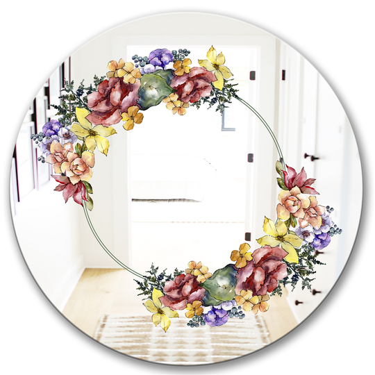 Designart Bouquet Flower Round 24-in L x 24-in W Polished Country Yellow Wall Mounted Mirror