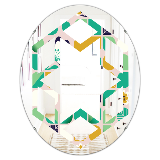 Designart Geometric Pattern with Leaves and Flowers Modern Oval Wall Mirror in Green