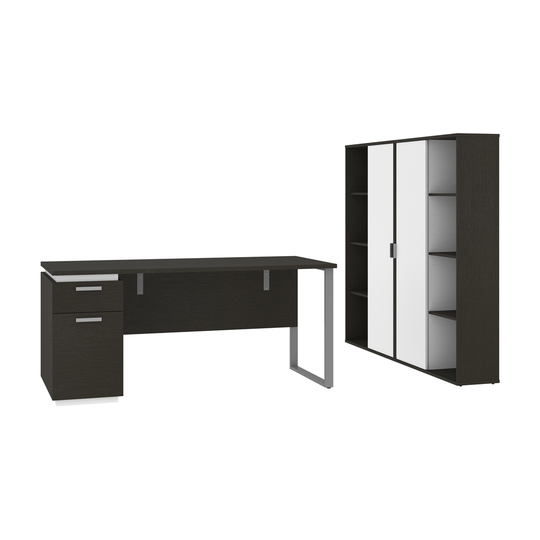 Bestar Aquarius 66W Desk and Pedestal & Storage Cabinets in Deep Grey & White