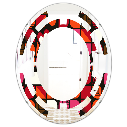 Designart 31.5-in x 23.7-in Geometric Retro Flower Design I Modern Oval Mirror in Red