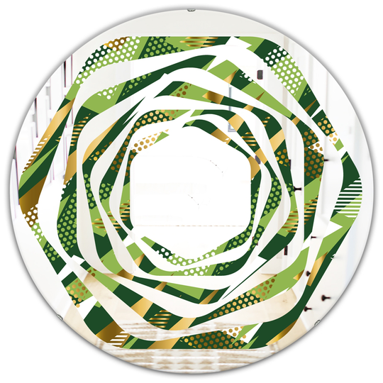 Designart 24-in Triangular Gold and Green Design I Modern Round Wall Mirror