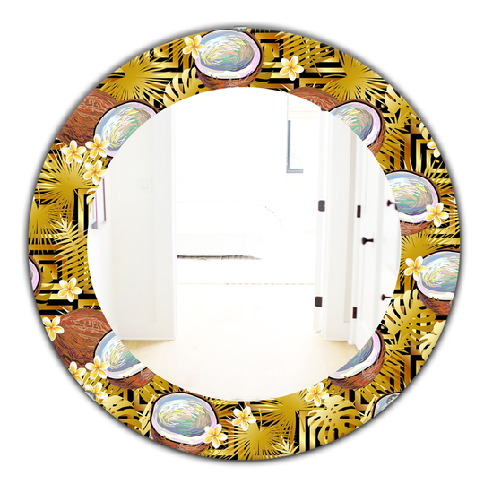 Designart 24-in x 24-in Yellow/Gold Tropical Pattern with Coconuts and Flowers Mirror