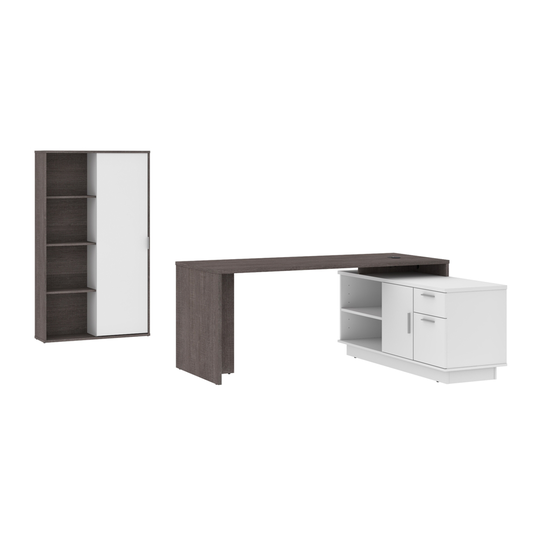 Bestar Equinox 72W L-Shaped Desk and Storage Cabinet in Bark Grey & White