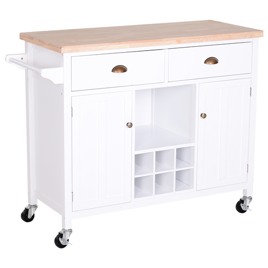 HomCom White Wood Base with Rubberwood Top Kitchen Cart - 17.72-in x 44.49-in x 35.04-in