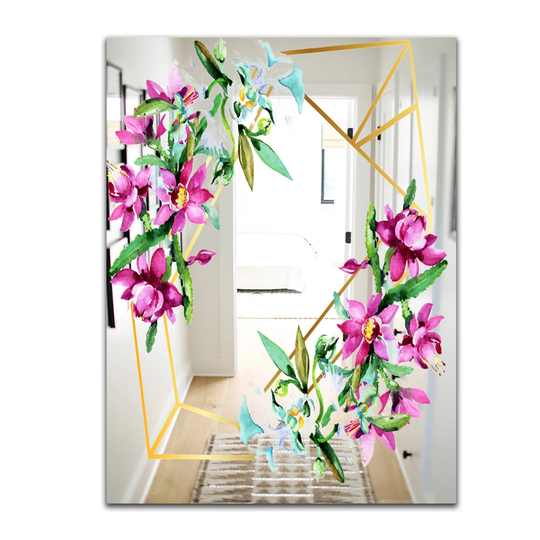 Designart Efflorescent Gold Abundance 6 Rectangular 35.4-in L x 23.6-in W Polished Country Pink Wall Mounted Mirror