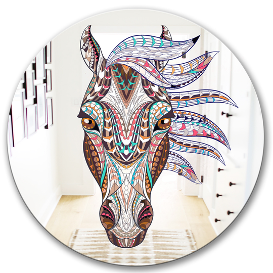 Designart Colorful Mosaic Horse Round 24-in L x 24-in W Polished Farmhouse Pink Wall Mounted Mirror
